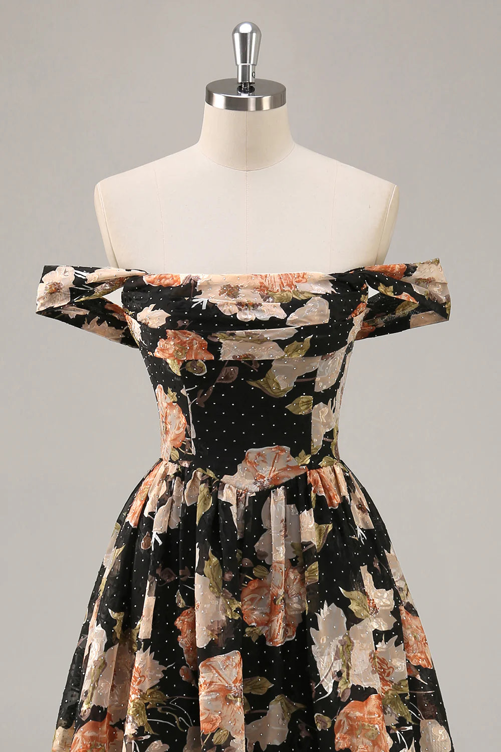 Black Flower A-Line Off The Shoulder Corset Ruched Maxi Dress with Beading