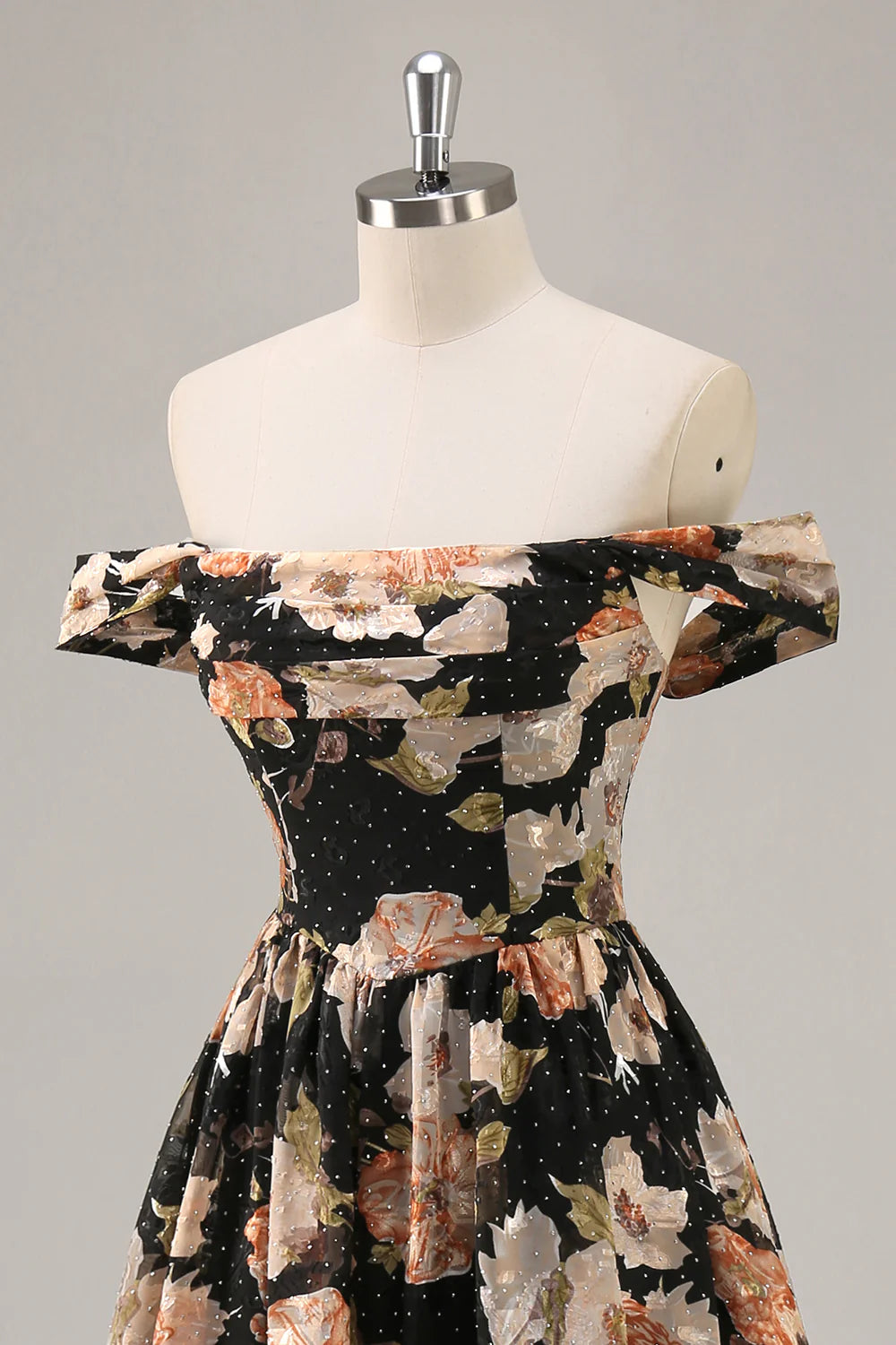 Black Flower A-Line Off The Shoulder Corset Ruched Maxi Dress with Beading