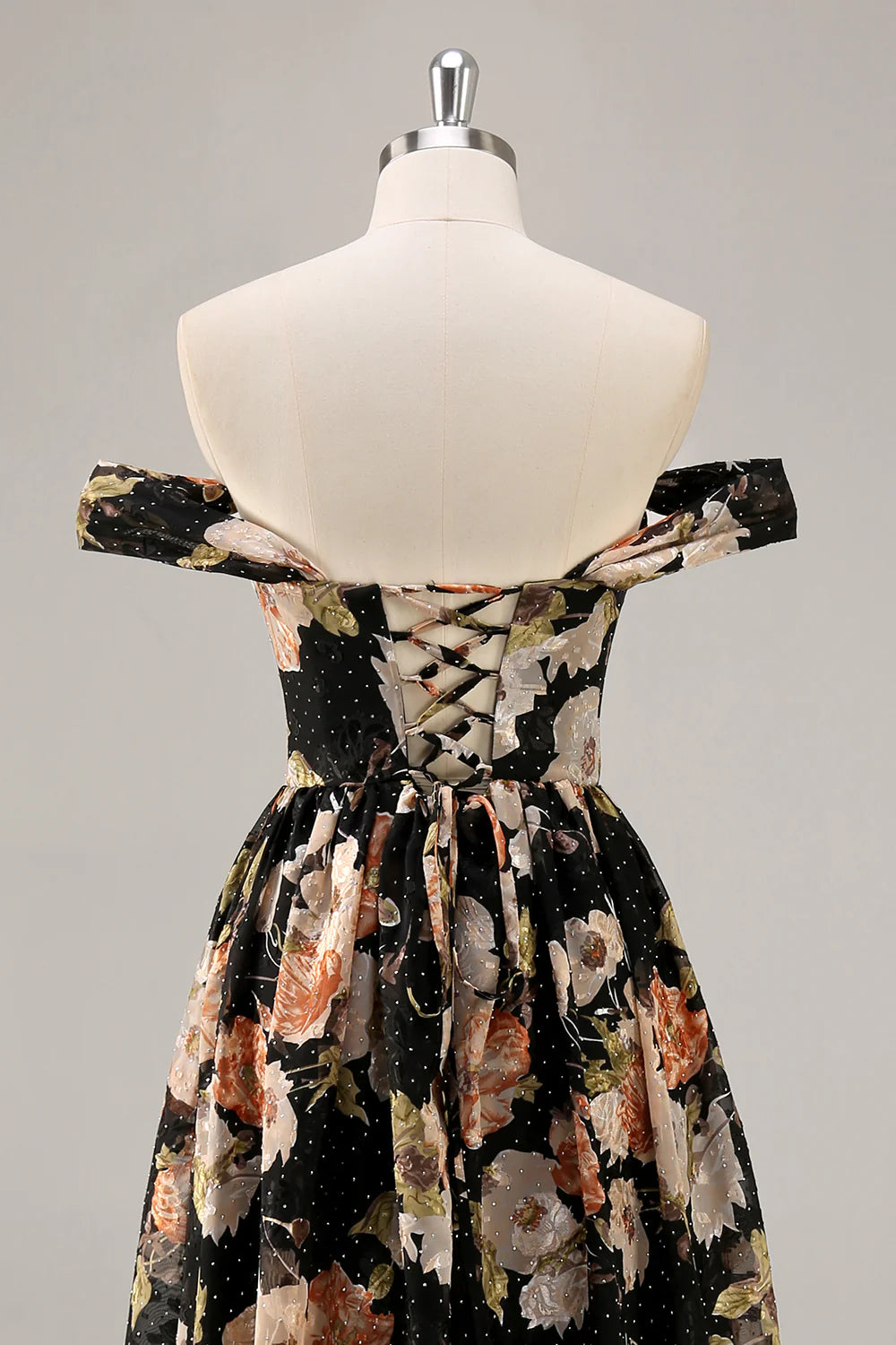 Black Flower A-Line Off The Shoulder Corset Ruched Maxi Dress with Beading