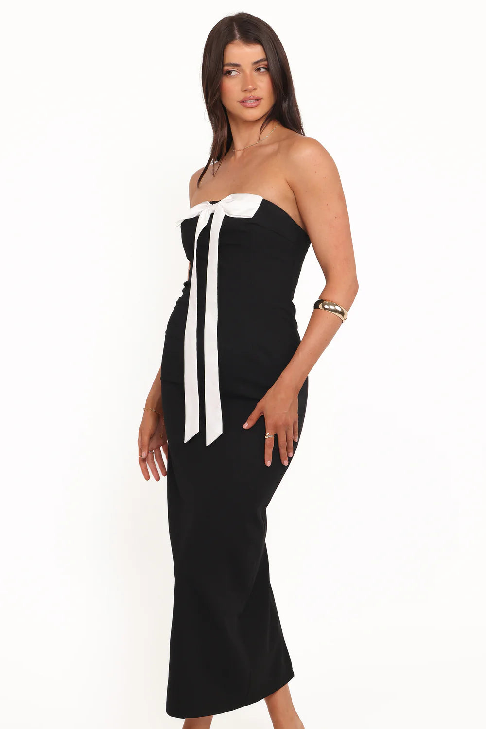 Black Form-Fitting Midi Strapless Contrast Bow Front Back Slit Evening Dress