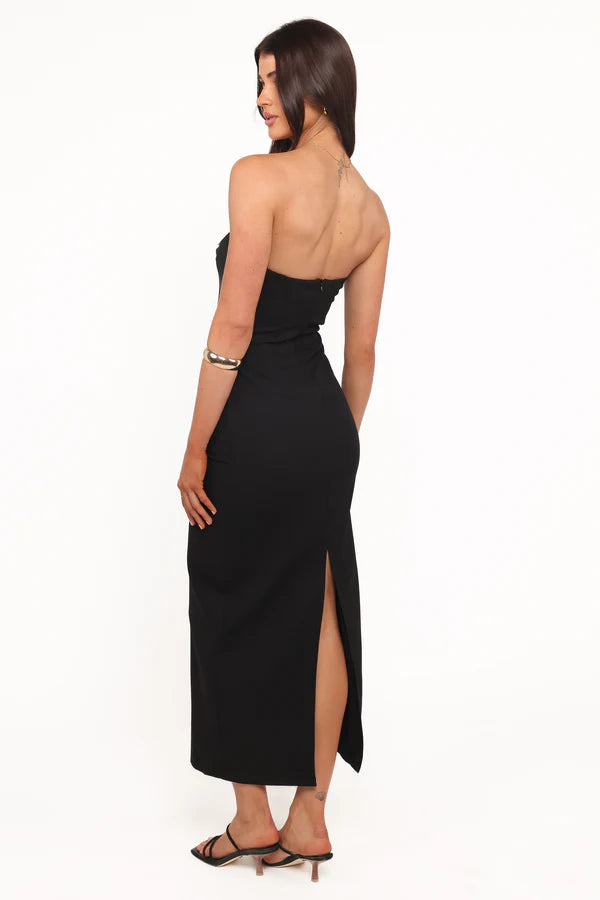 Black Form-Fitting Midi Strapless Contrast Bow Front Back Slit Evening Dress
