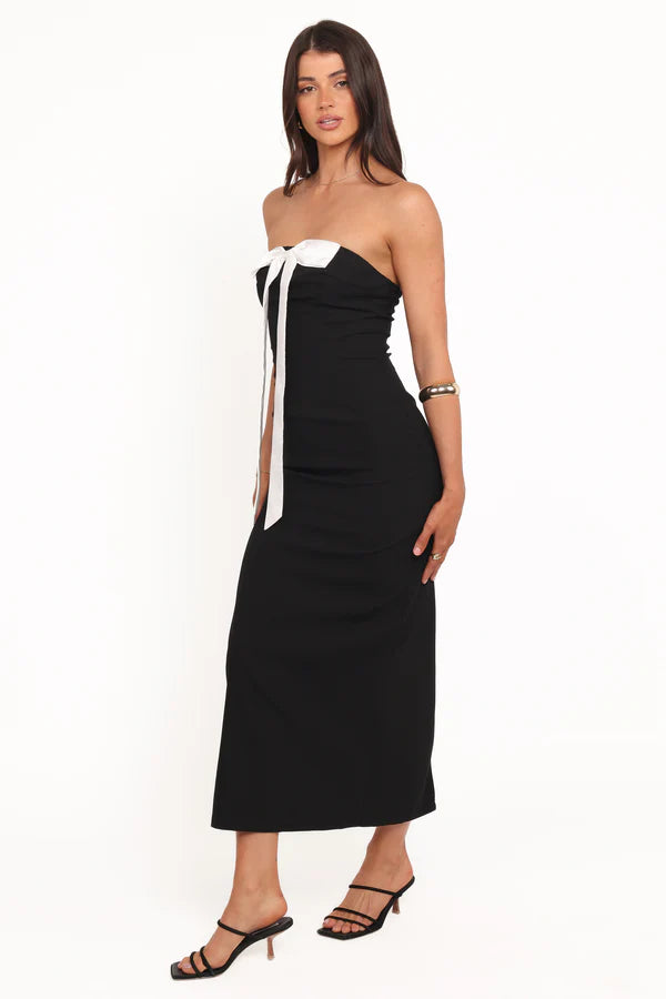 Black Form-Fitting Midi Strapless Contrast Bow Front Back Slit Evening Dress