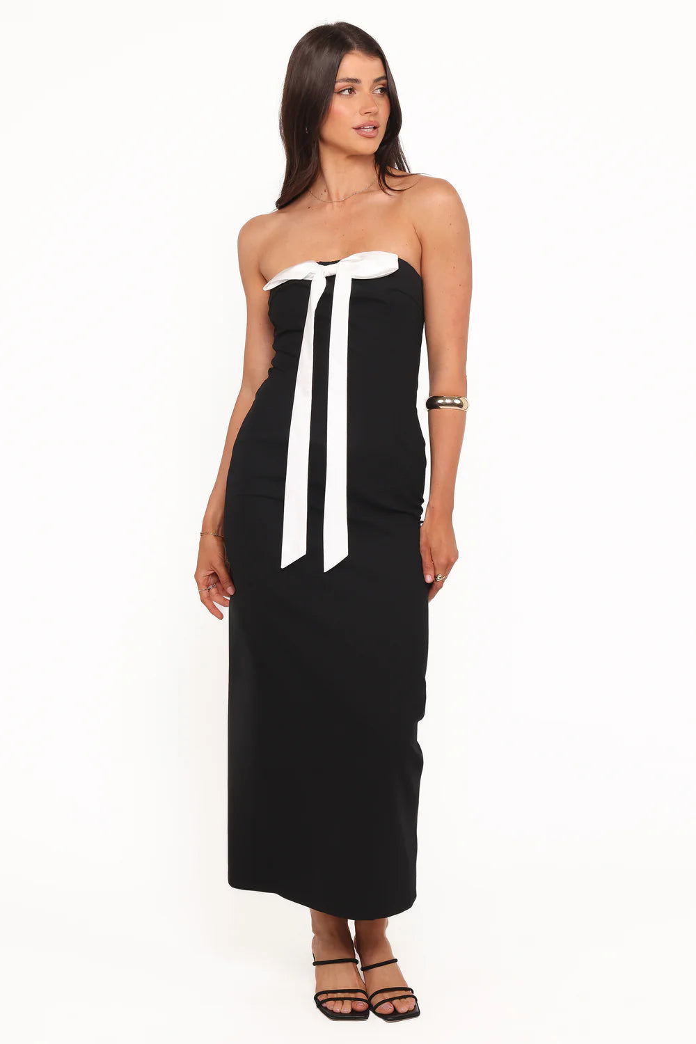 Black Form-Fitting Midi Strapless Contrast Bow Front Back Slit Evening Dress
