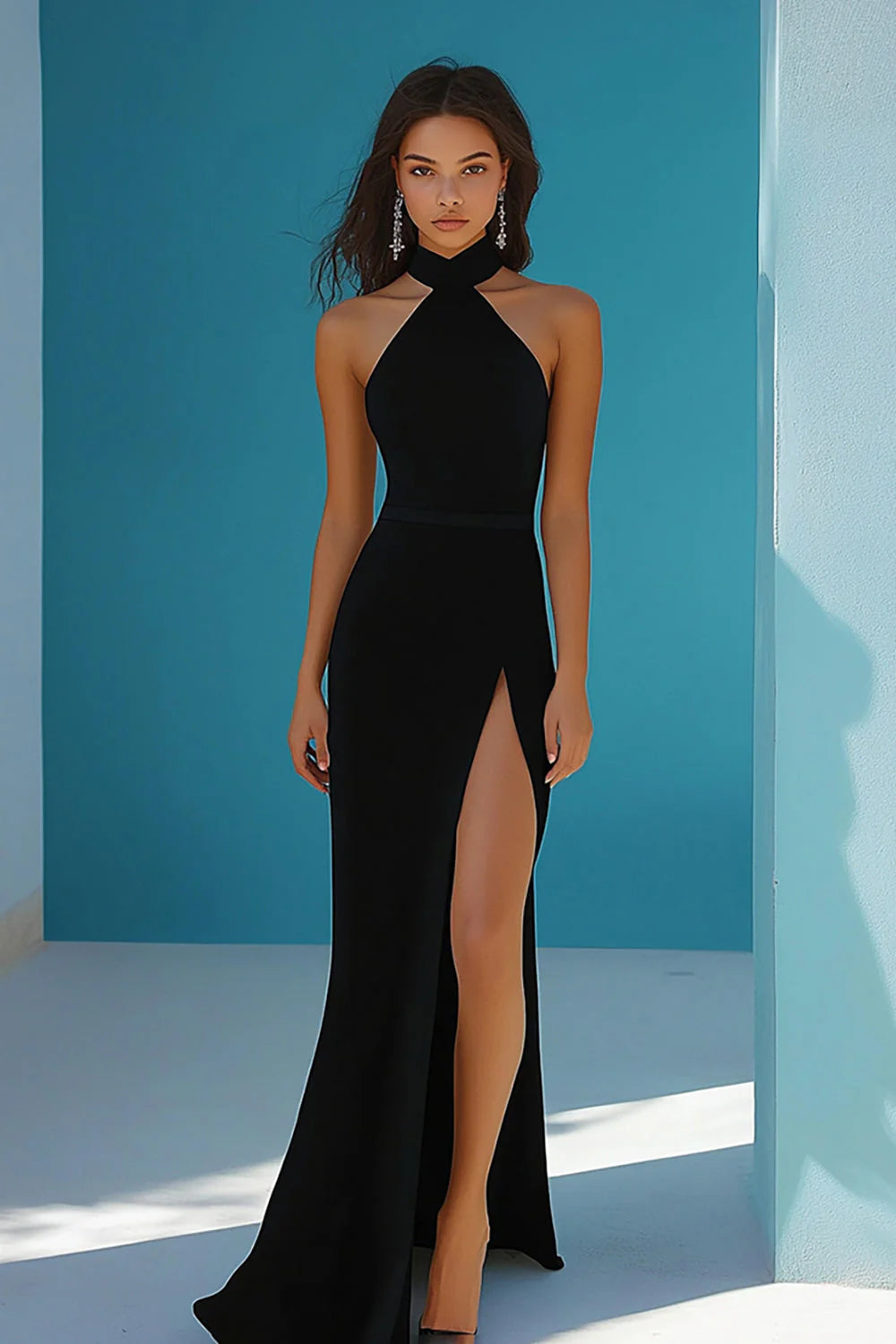Black High Neck Long Sheath Prom Dress with Slit
