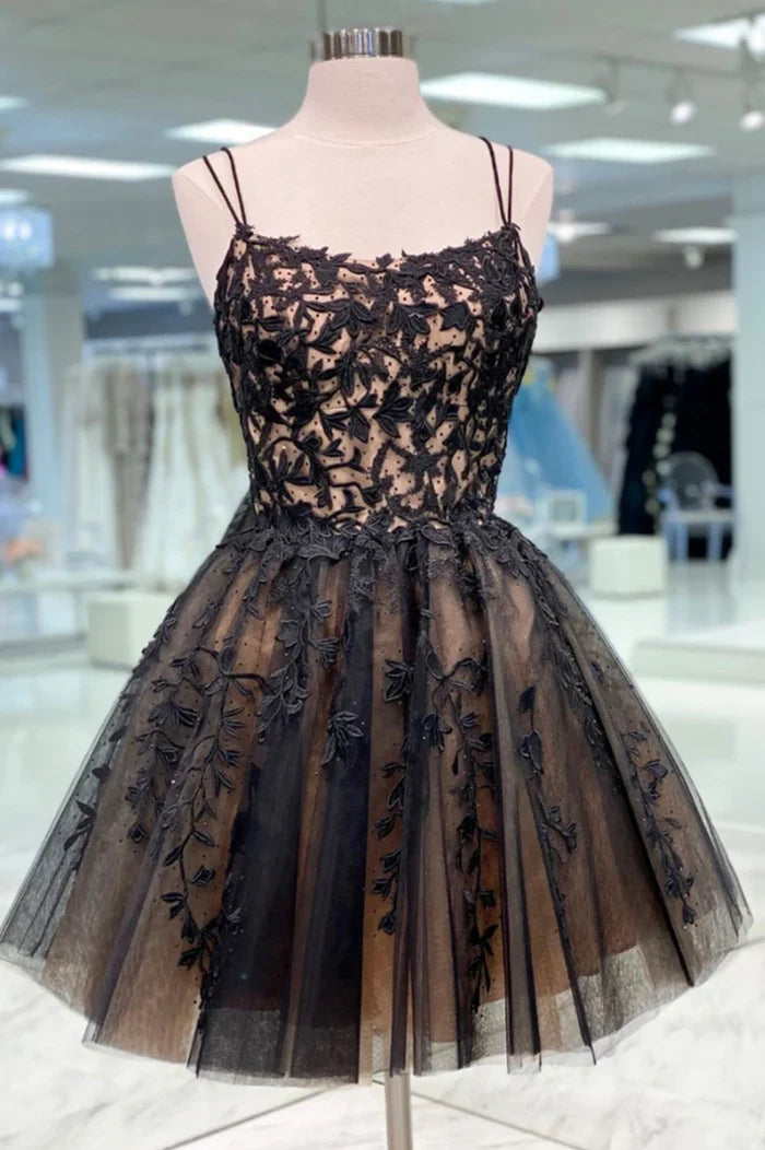 Black Lace Short Prom Dress, Cute A-Line Homecoming Party Dress
