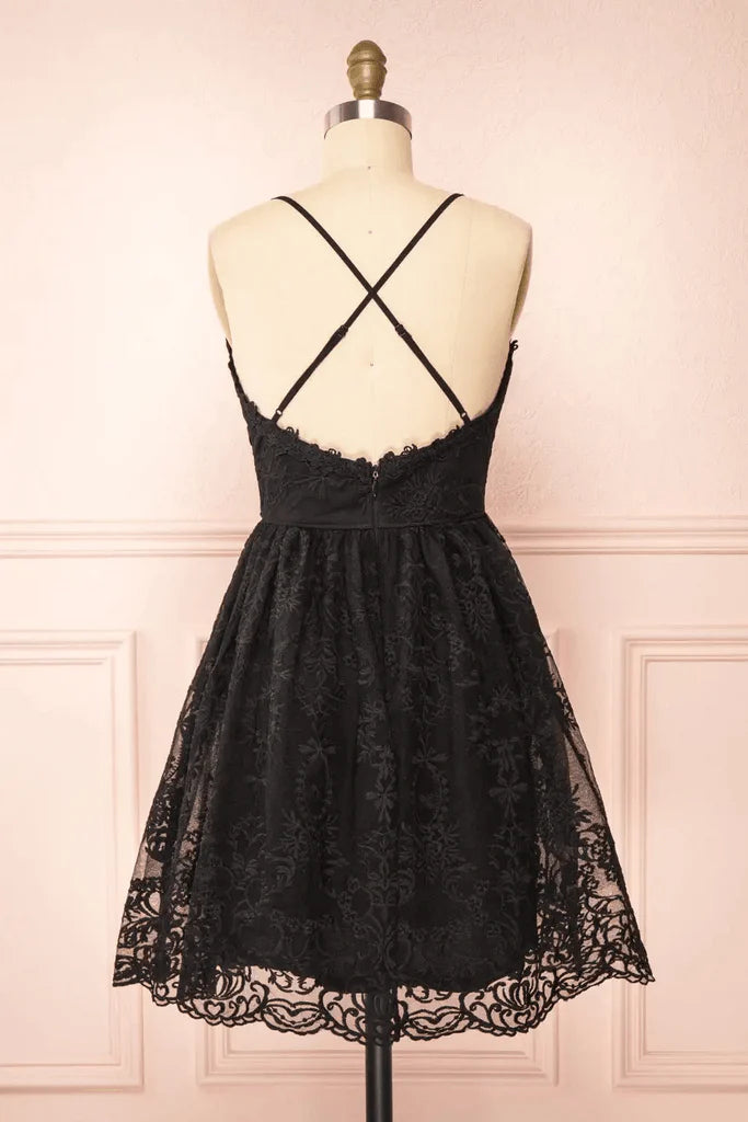 Black Lace Straps A-line Short Party Dress Lace Homecoming Dresses