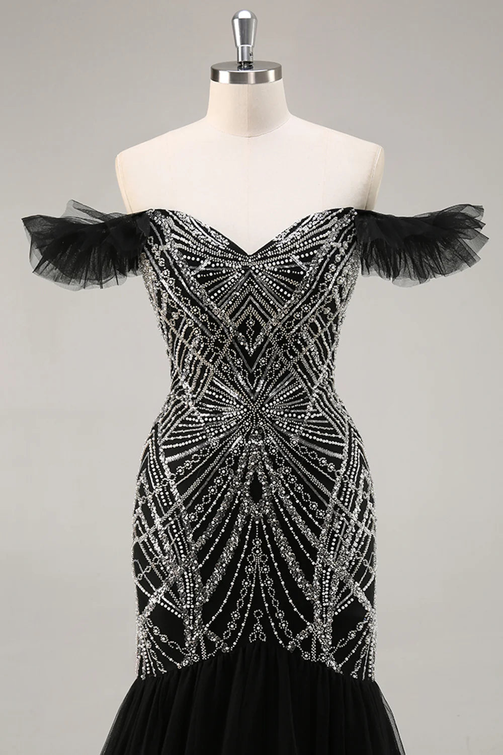 Black Mermaid Off The Shoulder Tulle Sequins Prom Dress With Beading