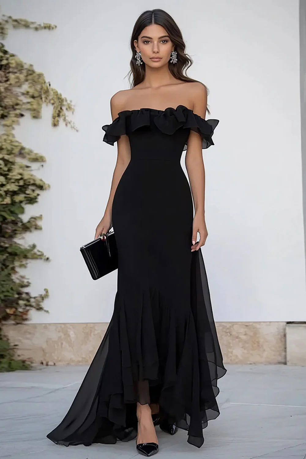 Black Mermaid Off the Shouler Long Formal Dress with Ruffles