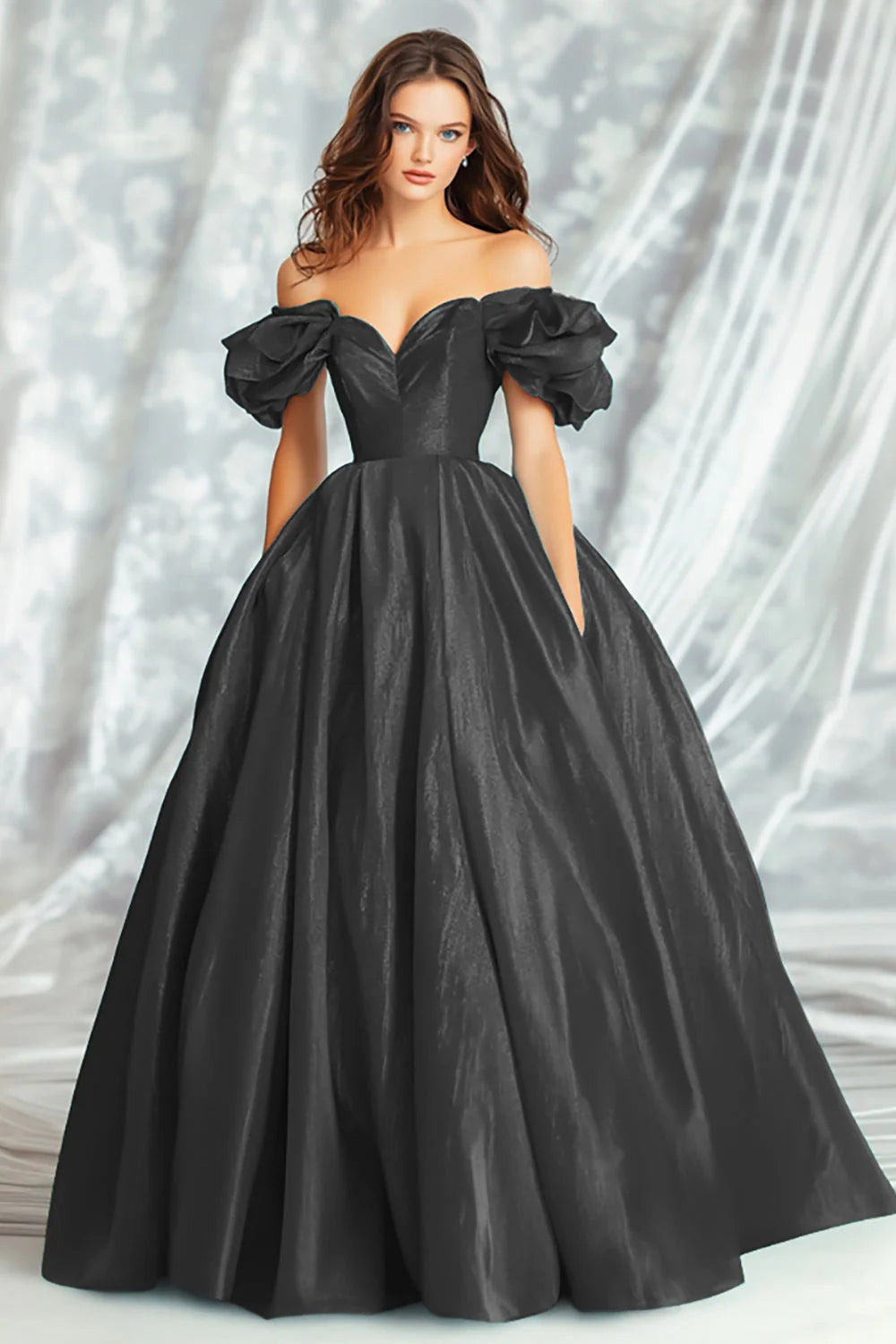 Black Off the Shoulder Satin Ball Gown Long Prom Dress
