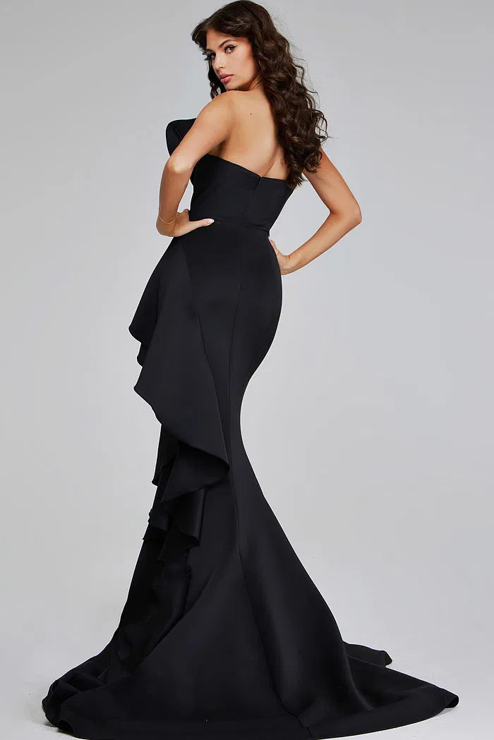 Black One-Shoulder Scuba Mermaid Evening Gown with 3D Ruffle Detail and Sweep Train