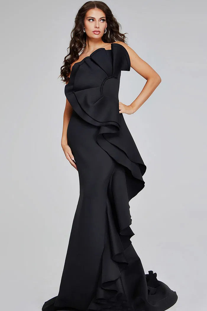 Black One-Shoulder Scuba Mermaid Evening Gown with 3D Ruffle Detail and Sweep Train