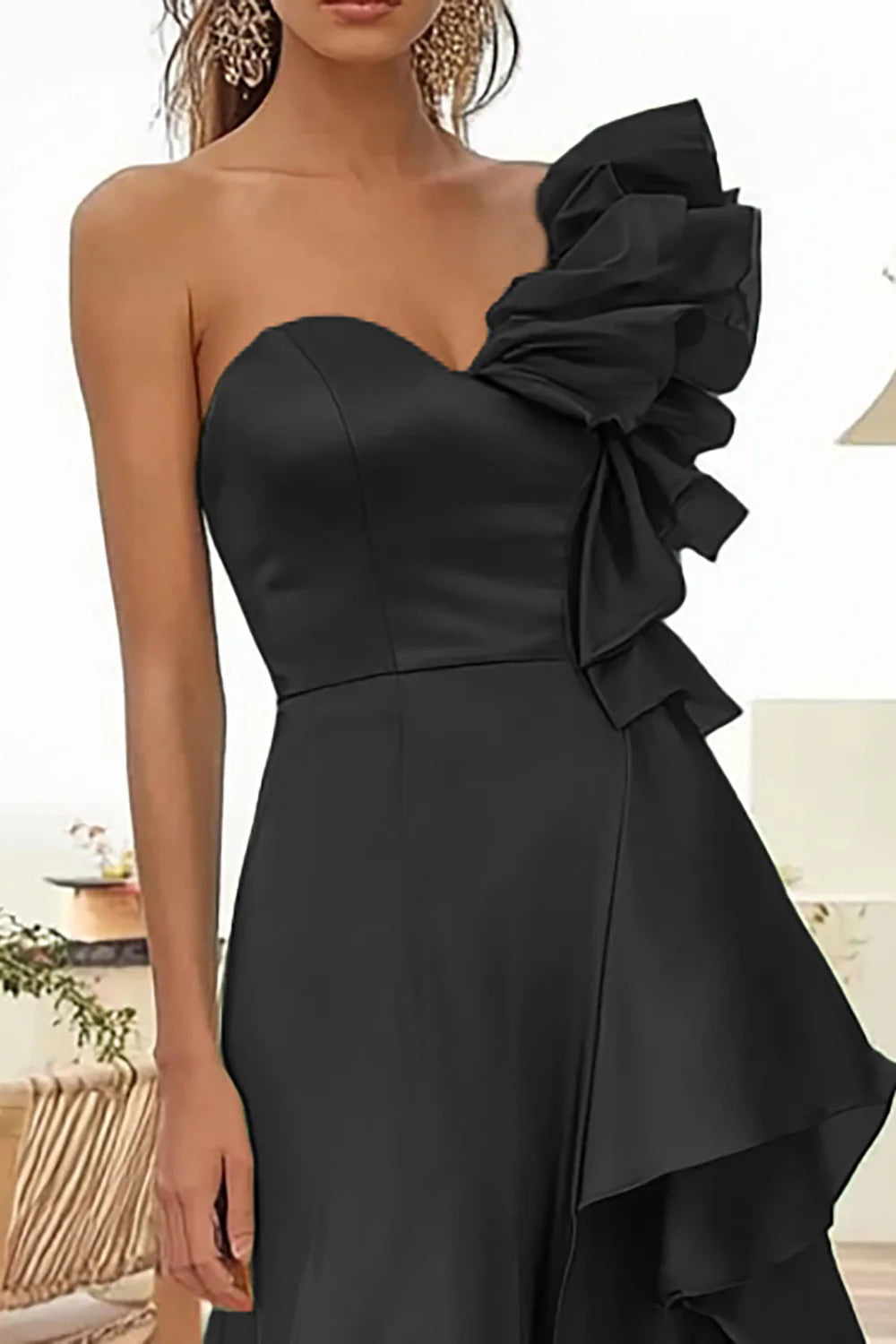 Black One Shoulder Satin Long Formal Dress with Ruffles