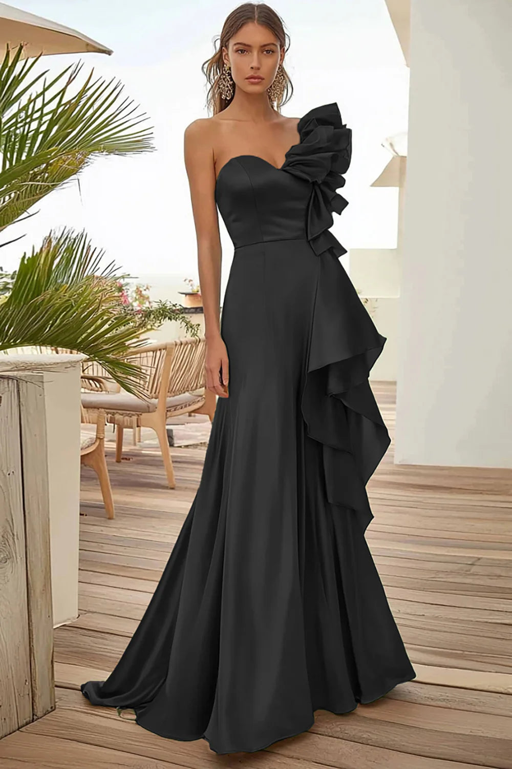Black One Shoulder Satin Long Formal Dress with Ruffles