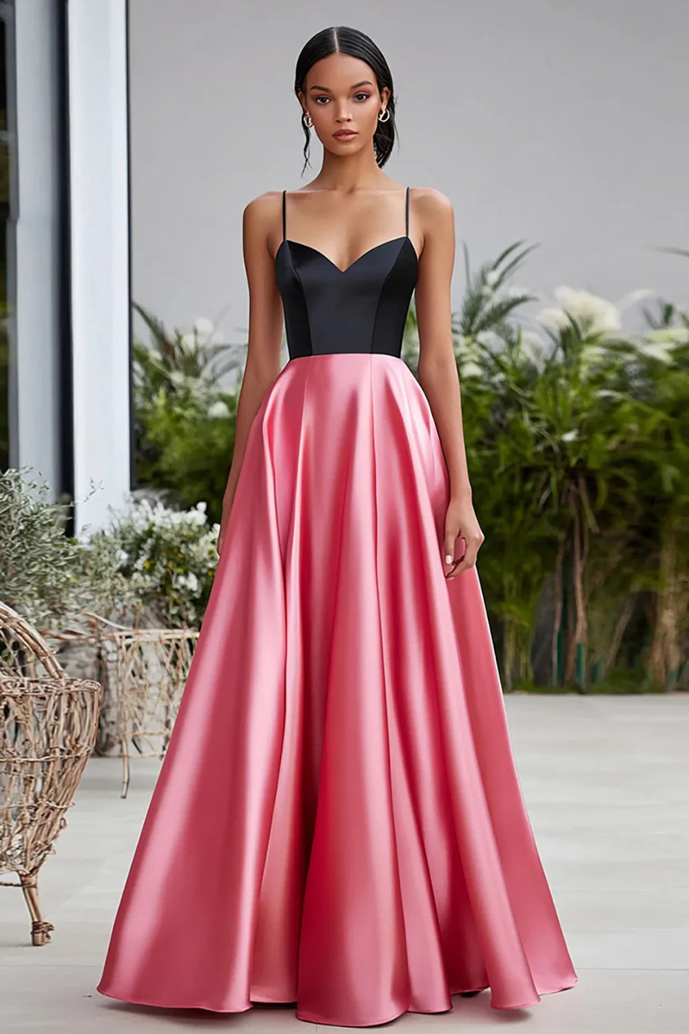 Black Pink Spaghetti Straps A Line Long Satin Prom Dress
