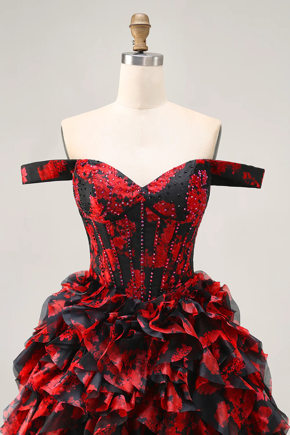 Black Red Off The Shoulder A-Line Printed Homecoming Dress with Beading
