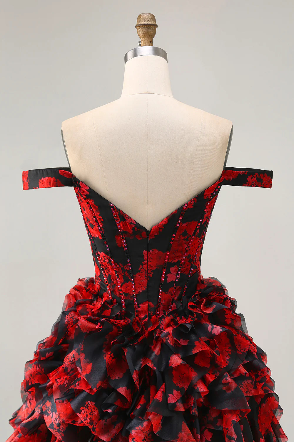Black Red Off The Shoulder A-Line Printed Homecoming Dress with Beading