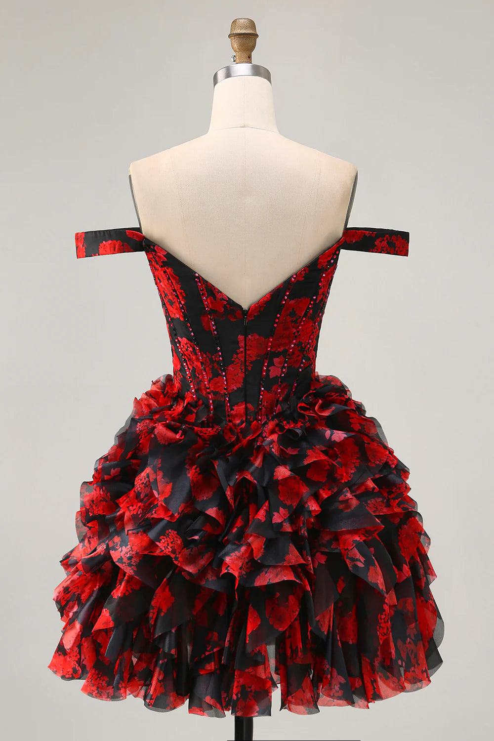 Black Red Off The Shoulder A-Line Printed Homecoming Dress with Beading