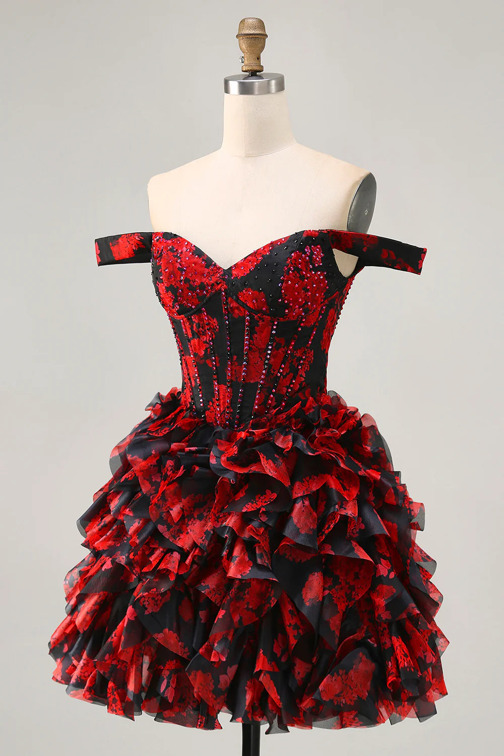 Black Red Off The Shoulder A-Line Printed Homecoming Dress with Beading