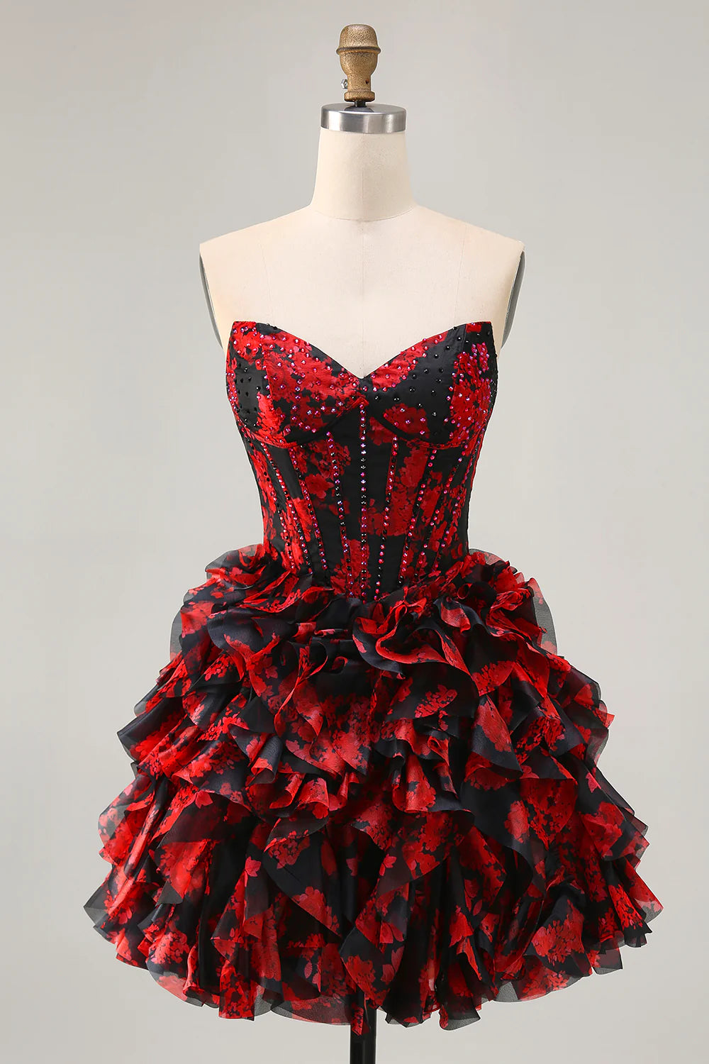 Black Red Off The Shoulder A-Line Printed Homecoming Dress with Beading