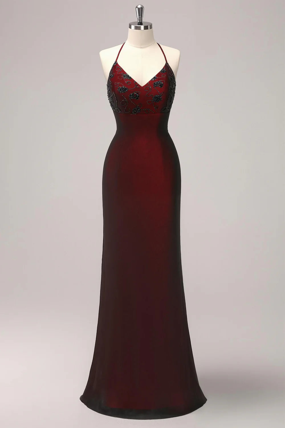 Black Red Sheath V-Neck Long Formal Dress with Beading