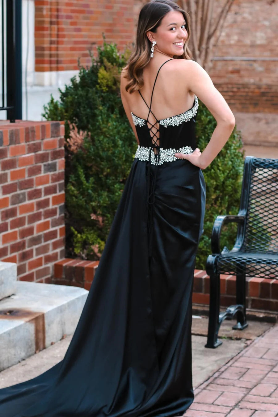 Black Rhinestone V-Neck Long Formal Dress with Attached Train
