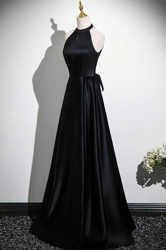 Black Satin Long Prom Dress, Black A-Line Evening Party Dress