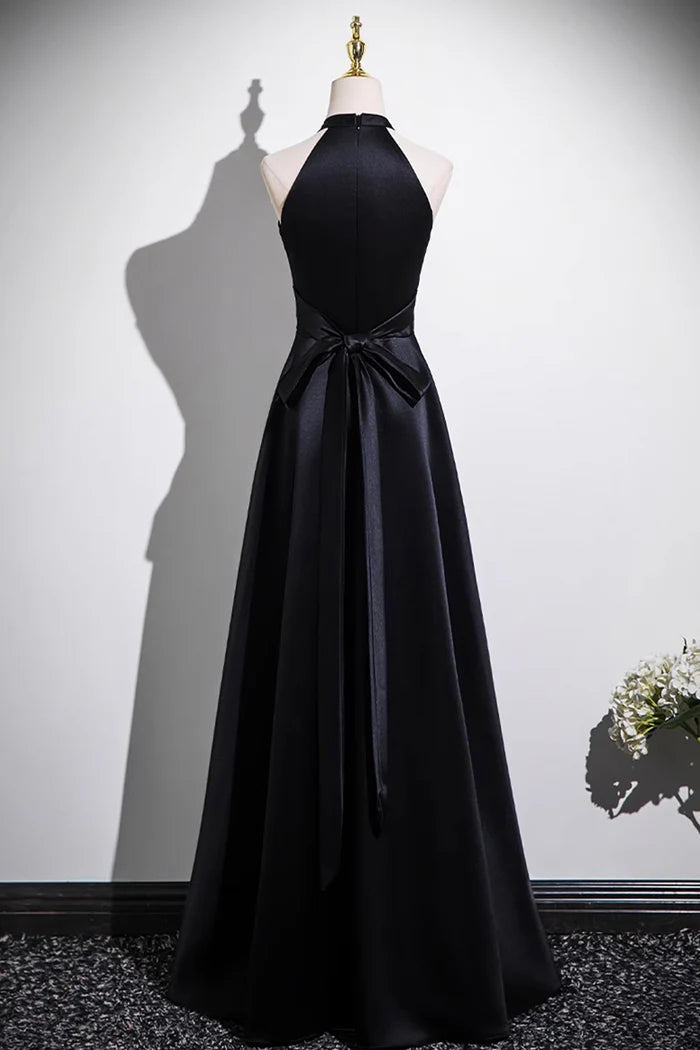 Black Satin Long Prom Dress, Black A-Line Evening Party Dress