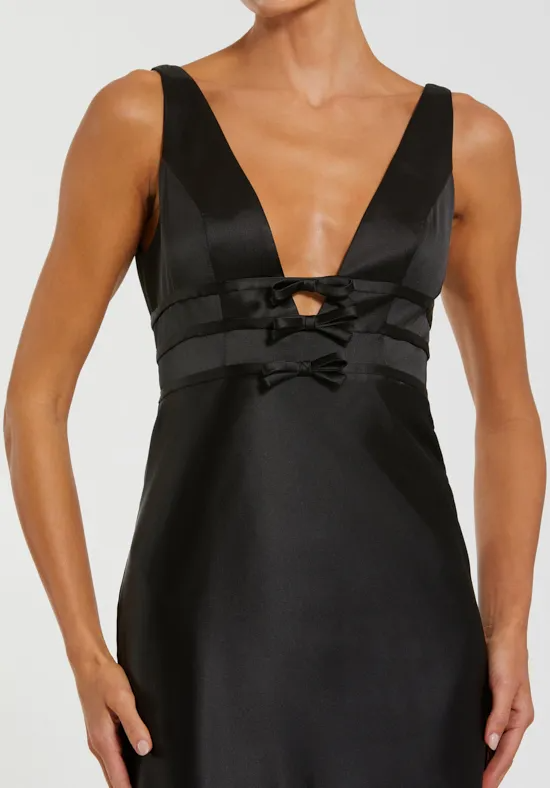 Black Satin Wide Strap Deep V-Neck Bow Cutout Open Back Mermaid Floor Length Bridesmaid Dresses