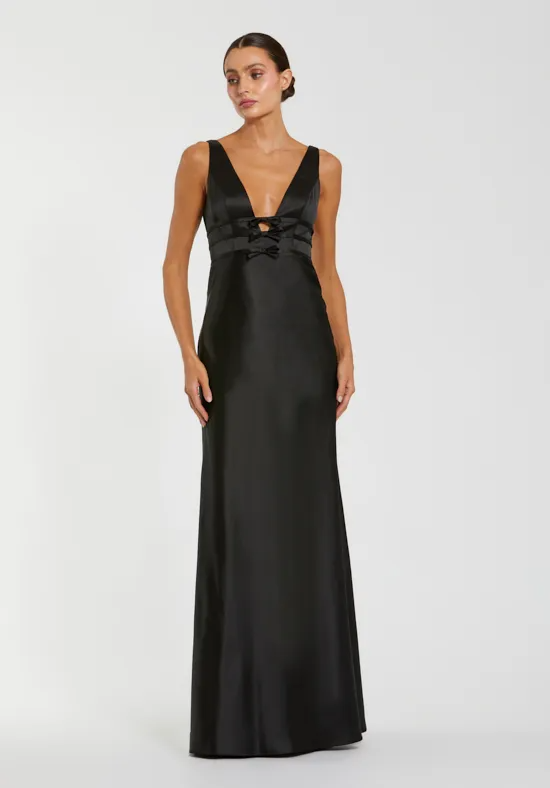 Black Satin Wide Strap Deep V-Neck Bow Cutout Open Back Mermaid Floor Length Bridesmaid Dresses