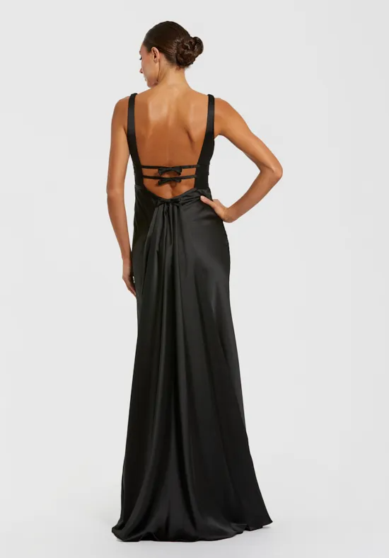 Black Satin Wide Strap Deep V-Neck Bow Cutout Open Back Mermaid Floor Length Bridesmaid Dresses