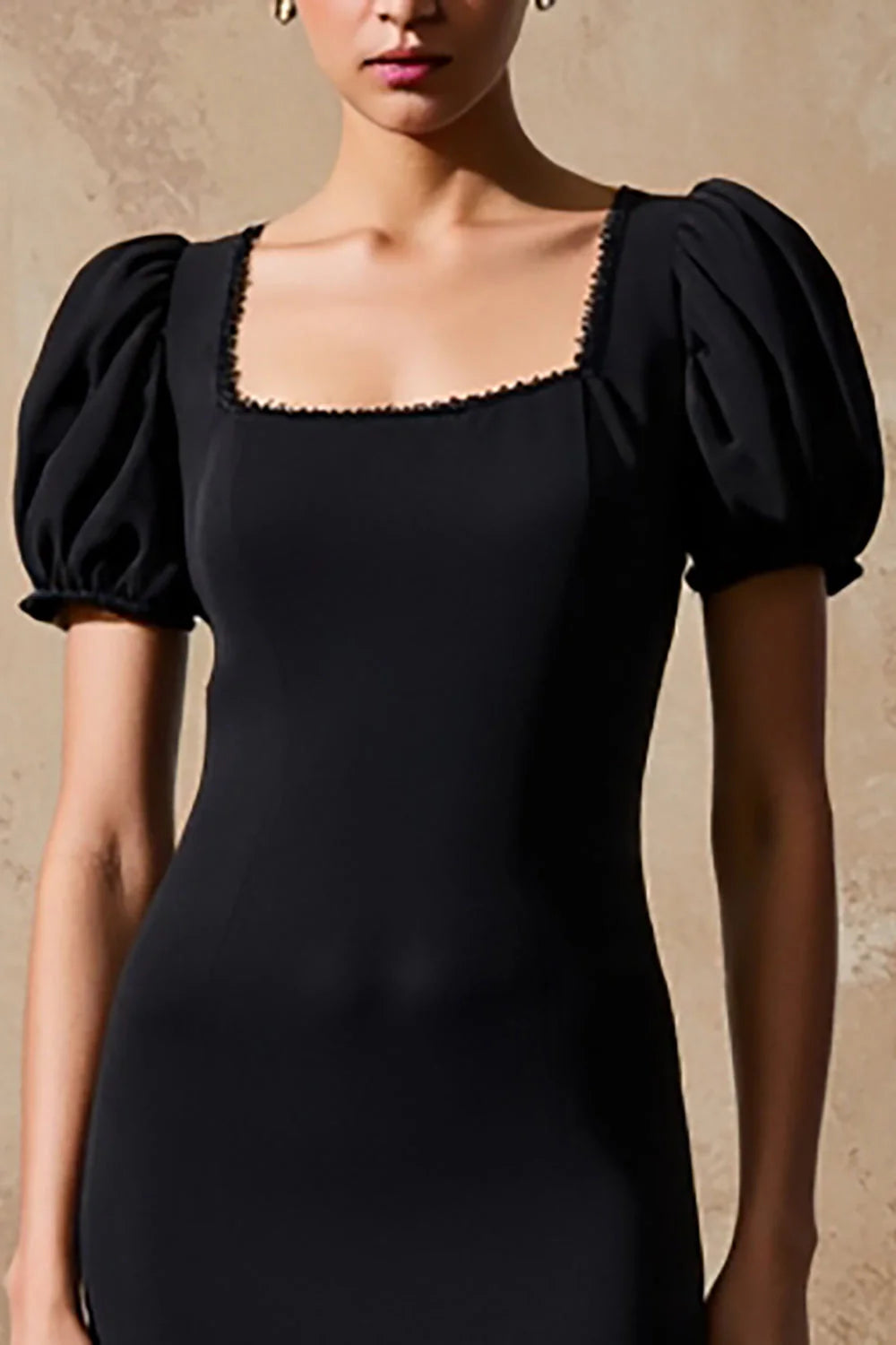 Black Square Neck Sheath Long Formal Dress with Puff Sleeves