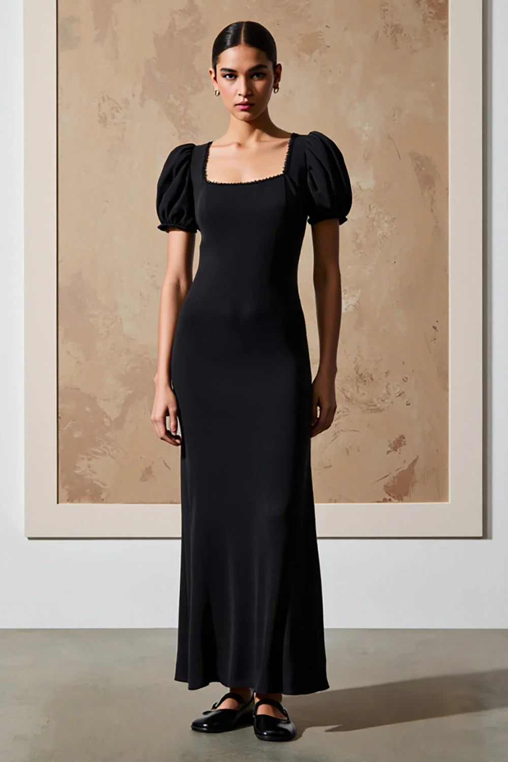 Black Square Neck Sheath Long Formal Dress with Puff Sleeves