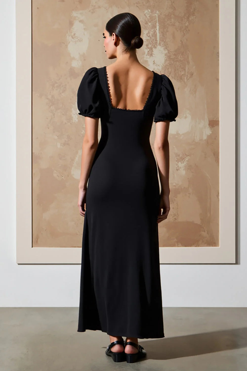 Black Square Neck Sheath Long Formal Dress with Puff Sleeves