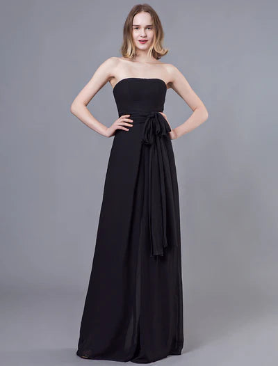 Black Strapless Bow-Waist Chiffon A-Line Floor-Length Evening Dress