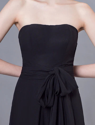 Black Strapless Bow-Waist Chiffon A-Line Floor-Length Evening Dress