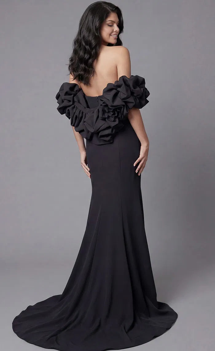 Black Strapless Mermaid Evening Gown with Dramatic Ruffled Sleeves and Sweep Train