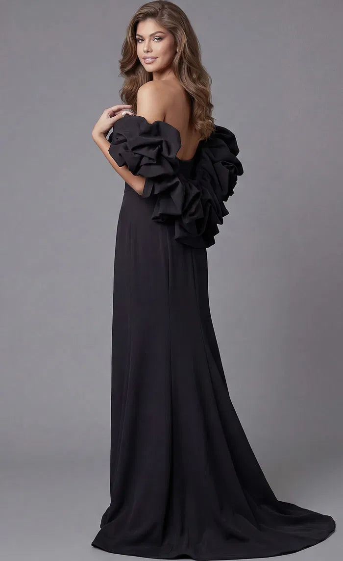 Black Strapless Mermaid Evening Gown with Dramatic Ruffled Sleeves and Sweep Train