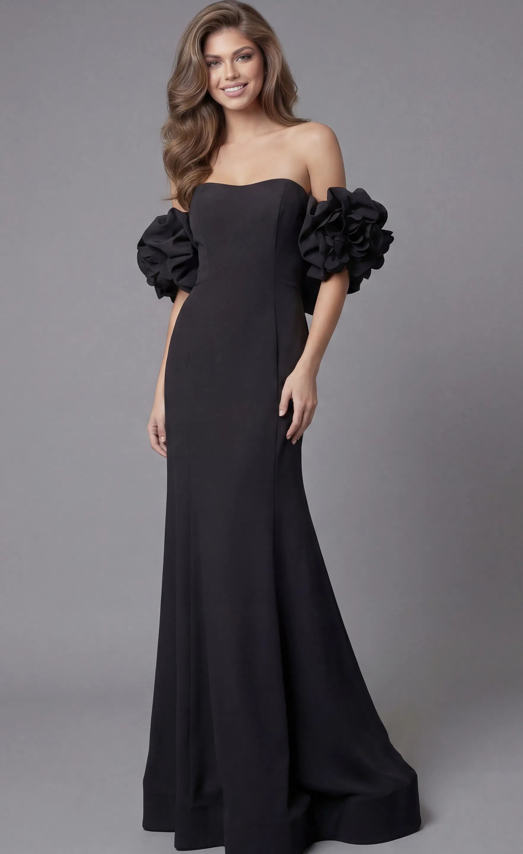 Black Strapless Mermaid Evening Gown with Dramatic Ruffled Sleeves and Sweep Train