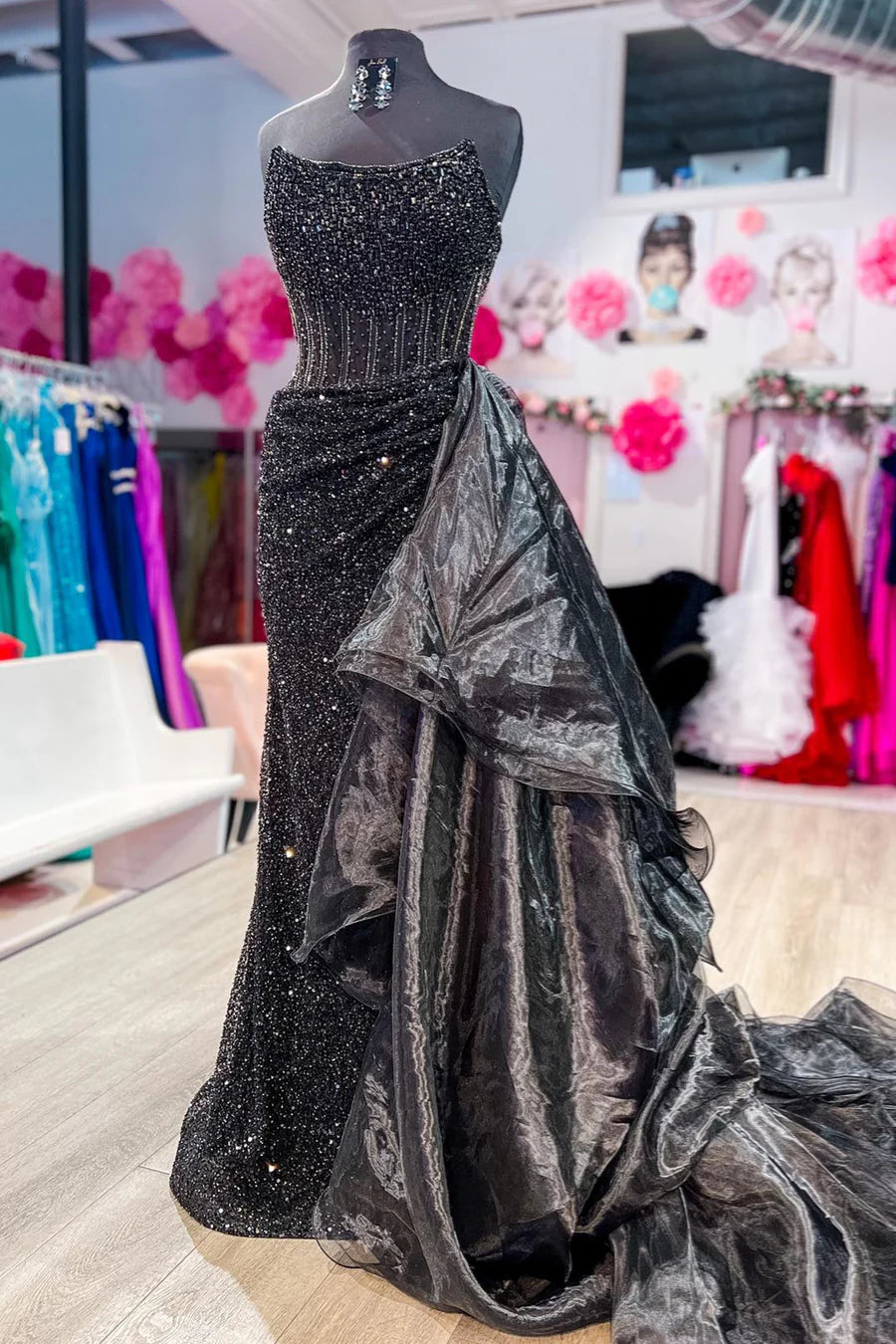 Black Strapless Mermaid Sequins Long Prom Dress with Detachable Train