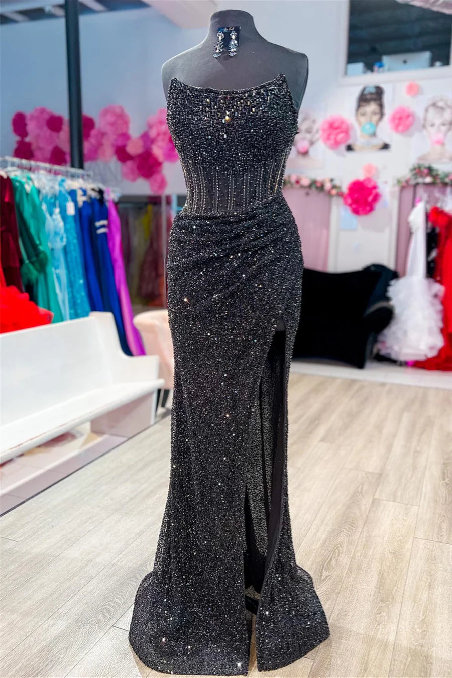 Black Strapless Mermaid Sequins Long Prom Dress with Detachable Train