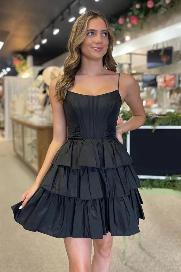 Black Straps Satin A-Line Short Corset Homecoming Dress With Bow