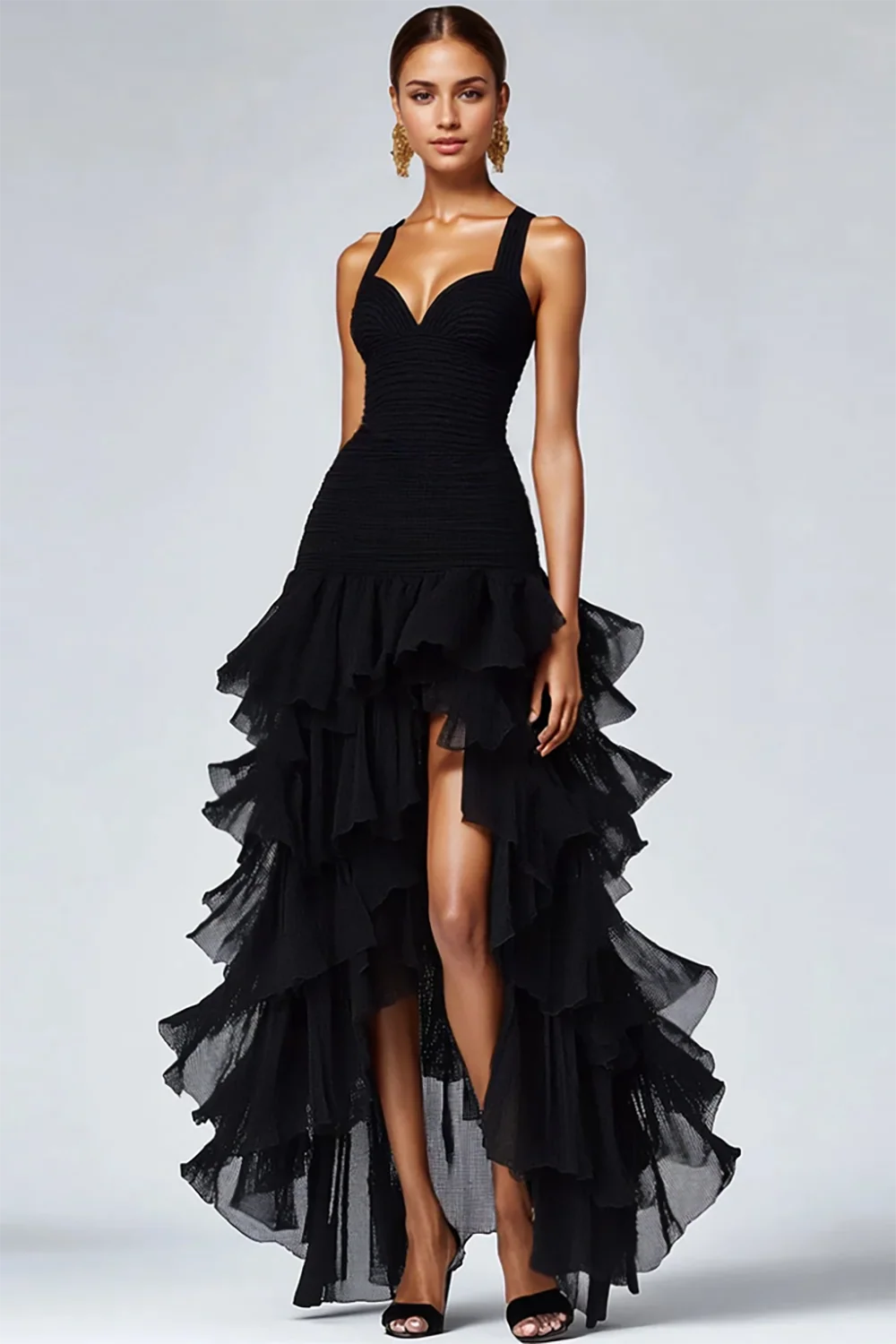 Black Sweetheart Organza High-Low Formal Dress with Ruffles