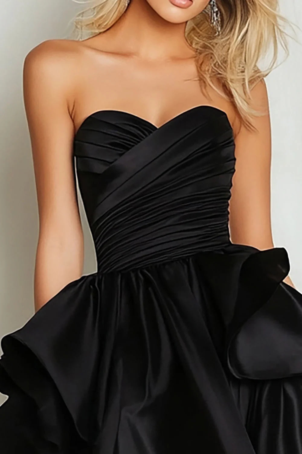 Black Sweetheart Ruched Asymmetrical High-Low Prom Dress with Ruffles