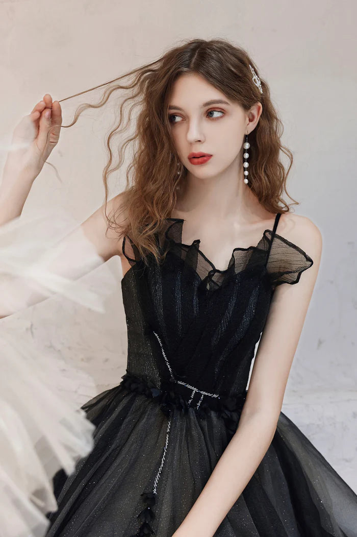 Black Tulle Long A-Line Prom Dress, A-Line Spaghetti Strap Evening Party Dress
