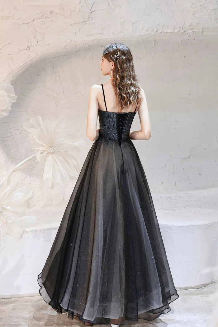 Black Tulle Long A-Line Prom Dress, A-Line Spaghetti Strap Evening Party Dress