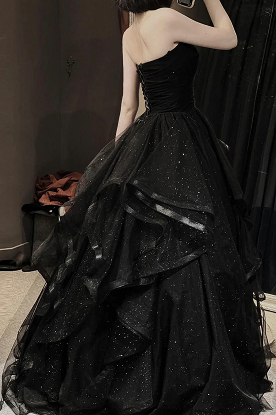 Black Tulle Long A-Line Prom Dress, Black Evening Party Dress