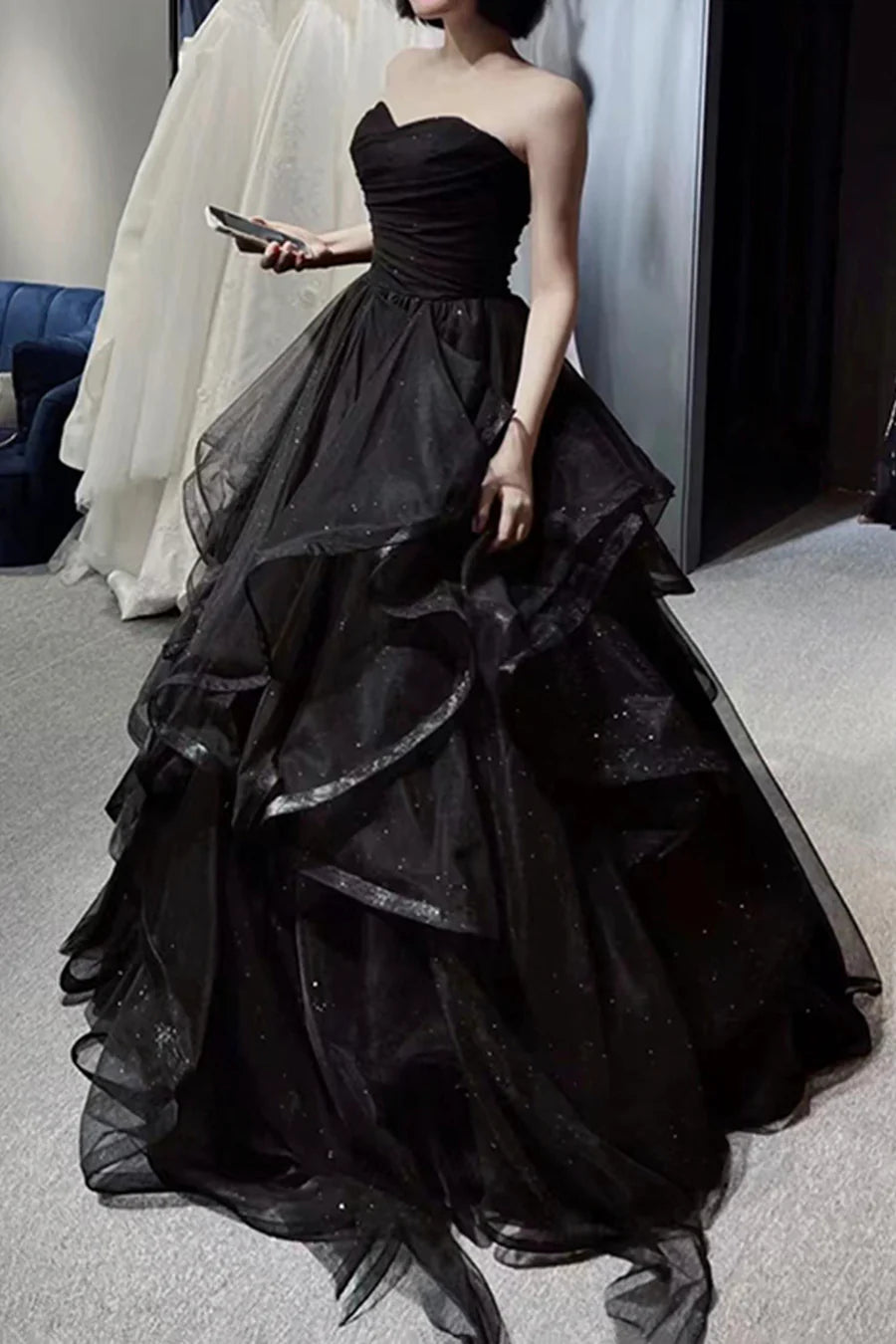 Black Tulle Long A-Line Prom Dress, Black Evening Party Dress