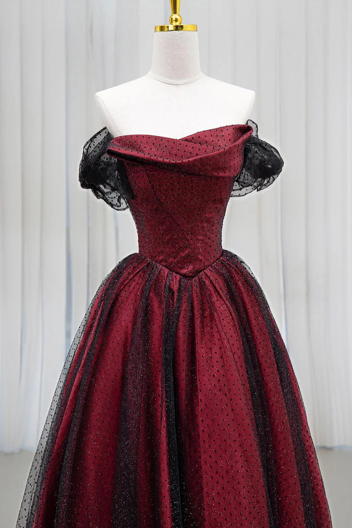 Black Tulle and Burgundy Satin Long Prom Dress, Charming A-Line Party Dress