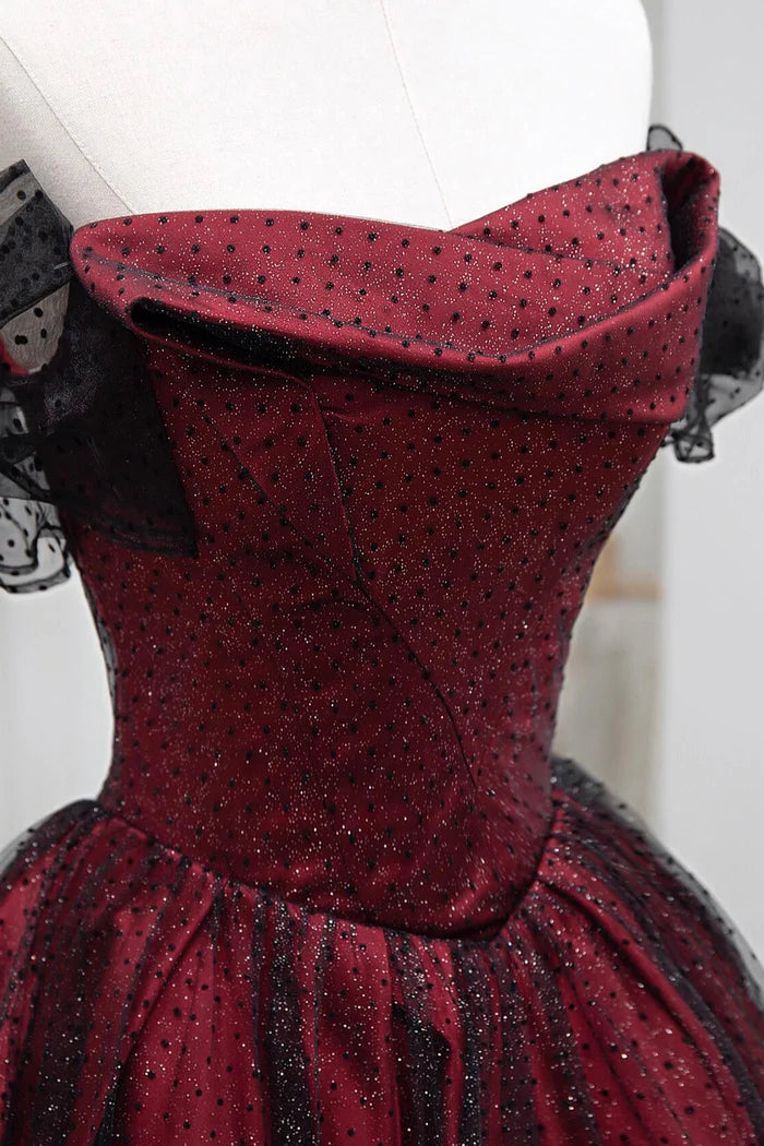 Black Tulle and Burgundy Satin Long Prom Dress, Charming A-Line Party Dress