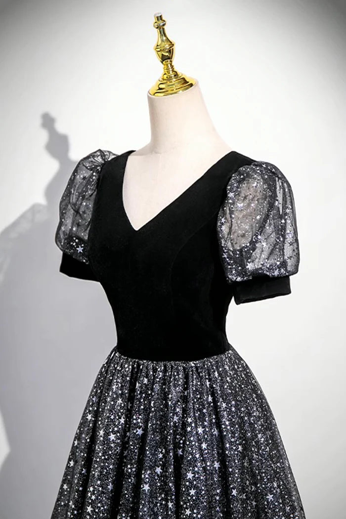 Black V-Neck Velvet Tulle Long Prom Dress, A-Line Short Sleeve Evening Dress